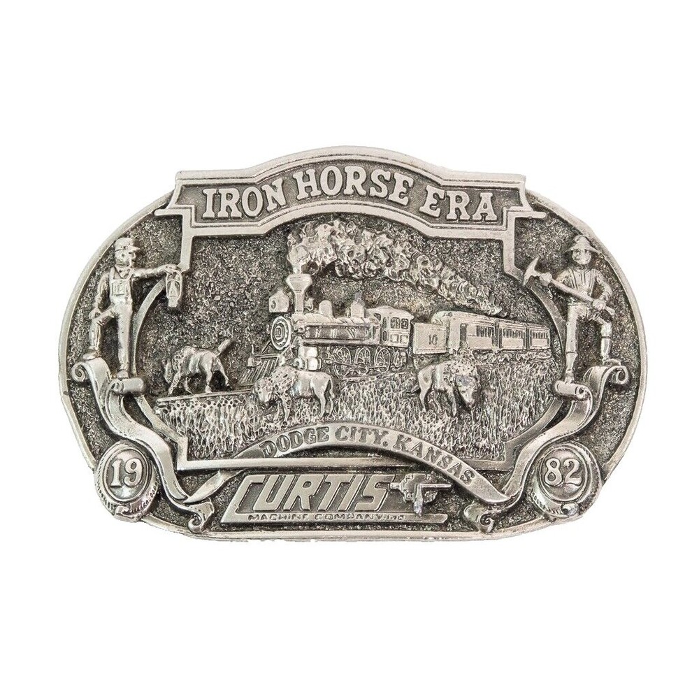 1982 CURTIS MACHINE CO Belt Buckle Pewter Dodge City Kansas Limited Edition VTG